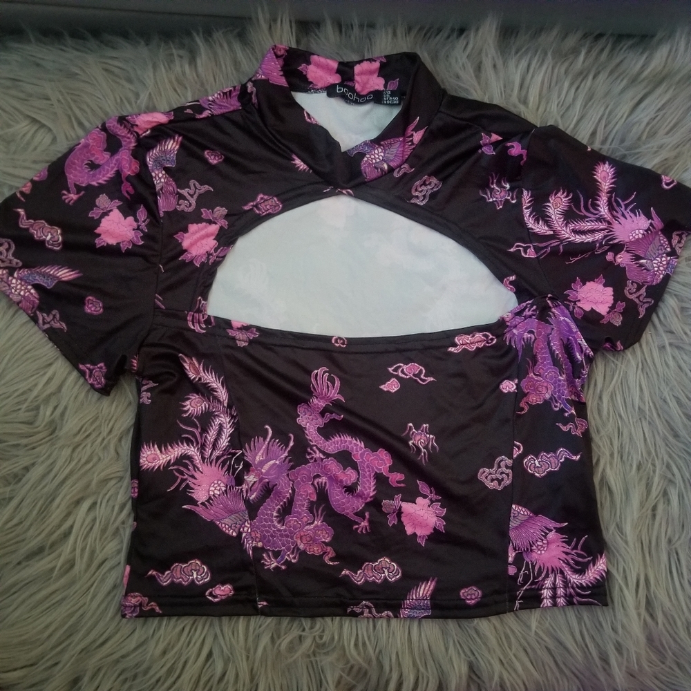 Purple Black Dragon Cut Out Crop Top